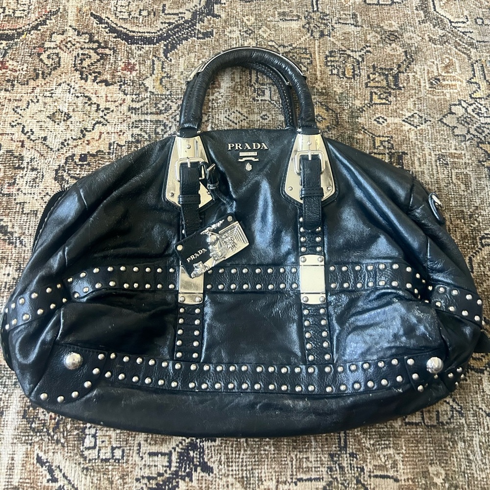 Rare Vintage Prada Black Leather Bag with Silver Studs Project Bag